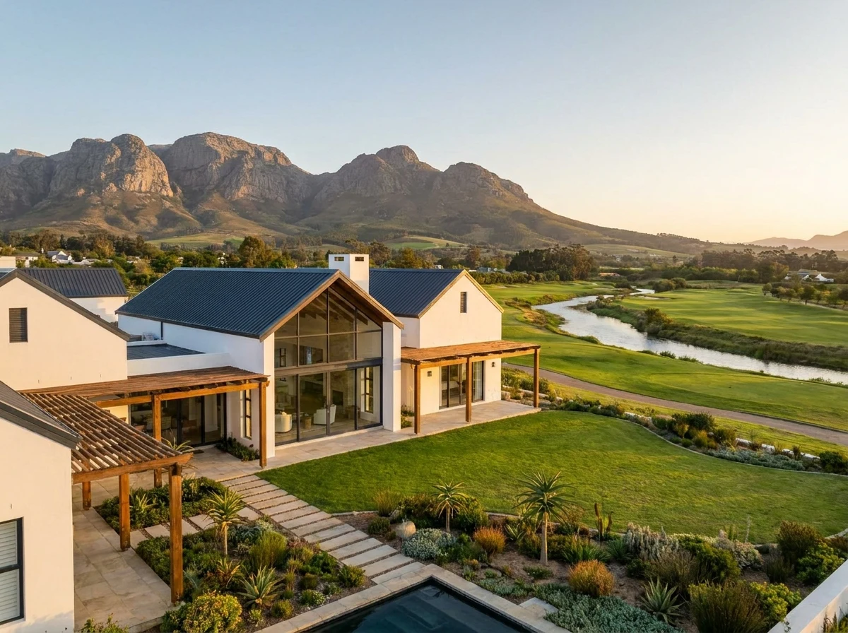 Contemporary Cape Vernacular home on Boschenmeer Golf Estate in Paarl with a wide glass wall facing the fairway and the Berg River, Paarl Mountain rising behind