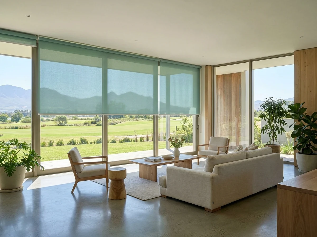 Estate living room in Paarl with pale green sunscreen roller blinds lowered across a corner wall of floor-to-ceiling glass, the fairway, tree line and blue mountain ridge showing softly through the mesh