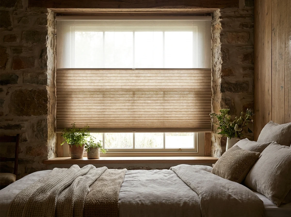 Honeycomb cellular blind sitting midway down a bedroom window in a stone-walled Paarl farmhouse, daylight left above and below it
