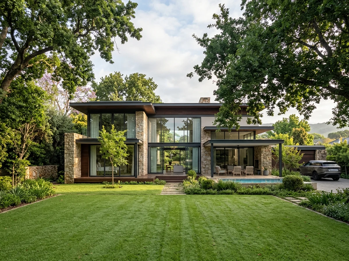 Low-slung contemporary Paarl garden home in stone, dark timber and glass, seen across a wide mown lawn with tall mature oaks arching over both ends of the facade