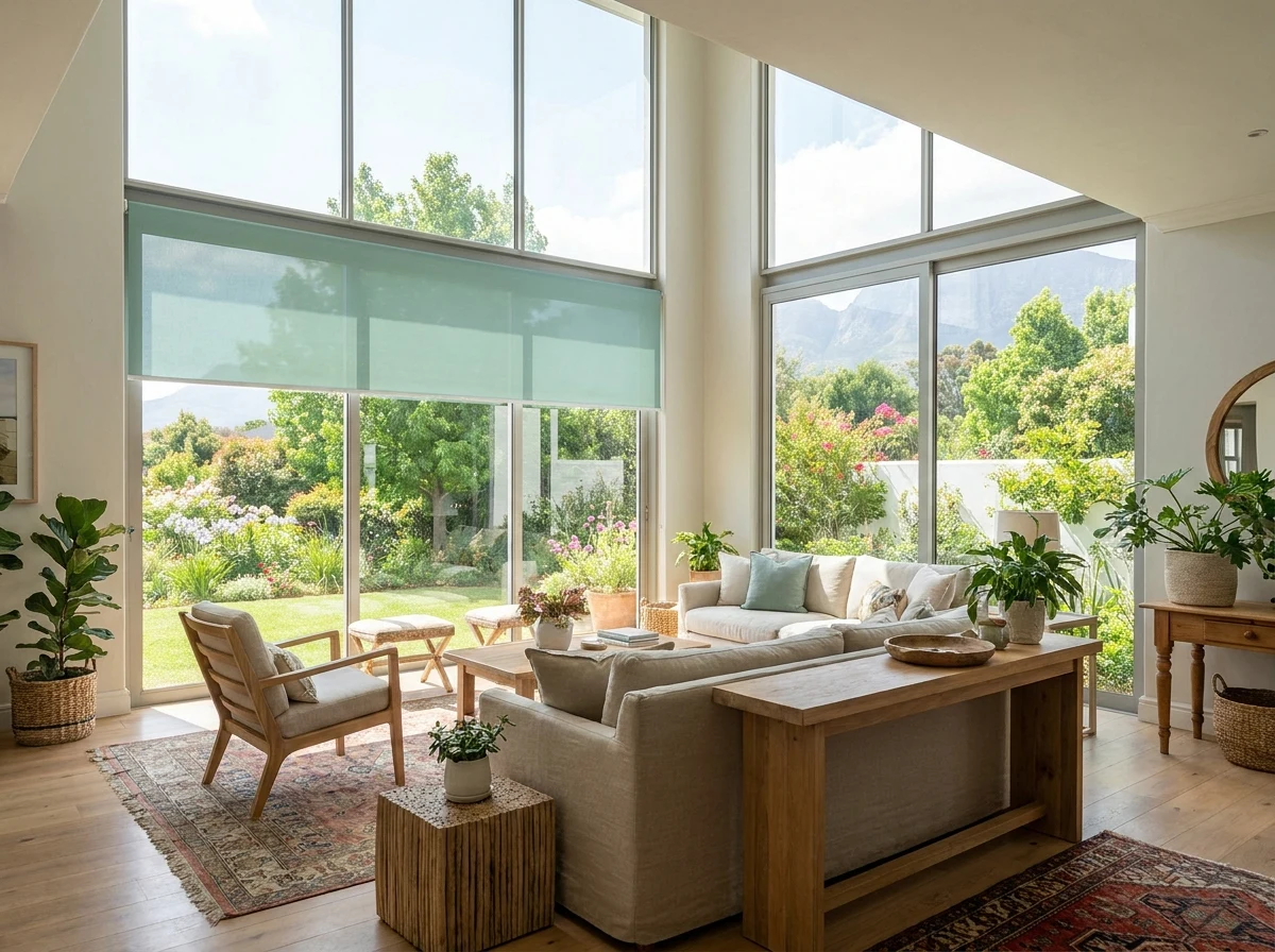 Bright living room in a Courtrai, Paarl home with tall garden-facing windows and a sea-glass green roller blind partially lowered