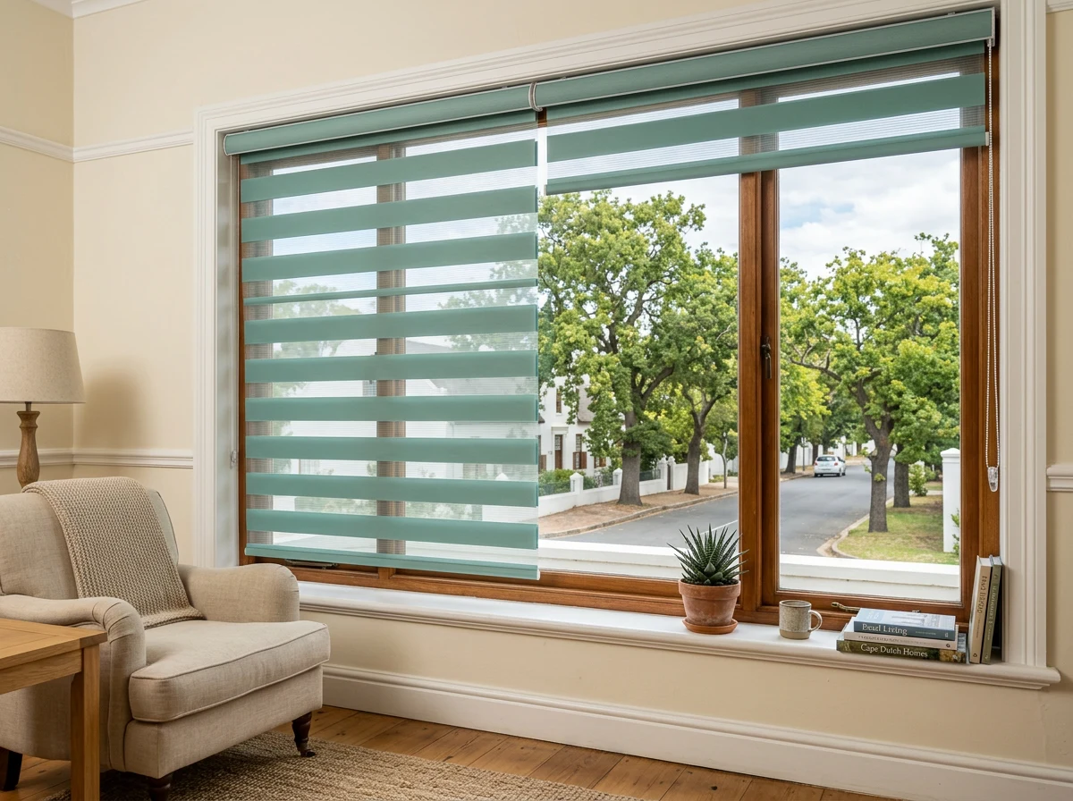 Day/night blind with its sheer and solid bands lined up over a sitting-room window in Paarl, the oak-lined street visible through the open half