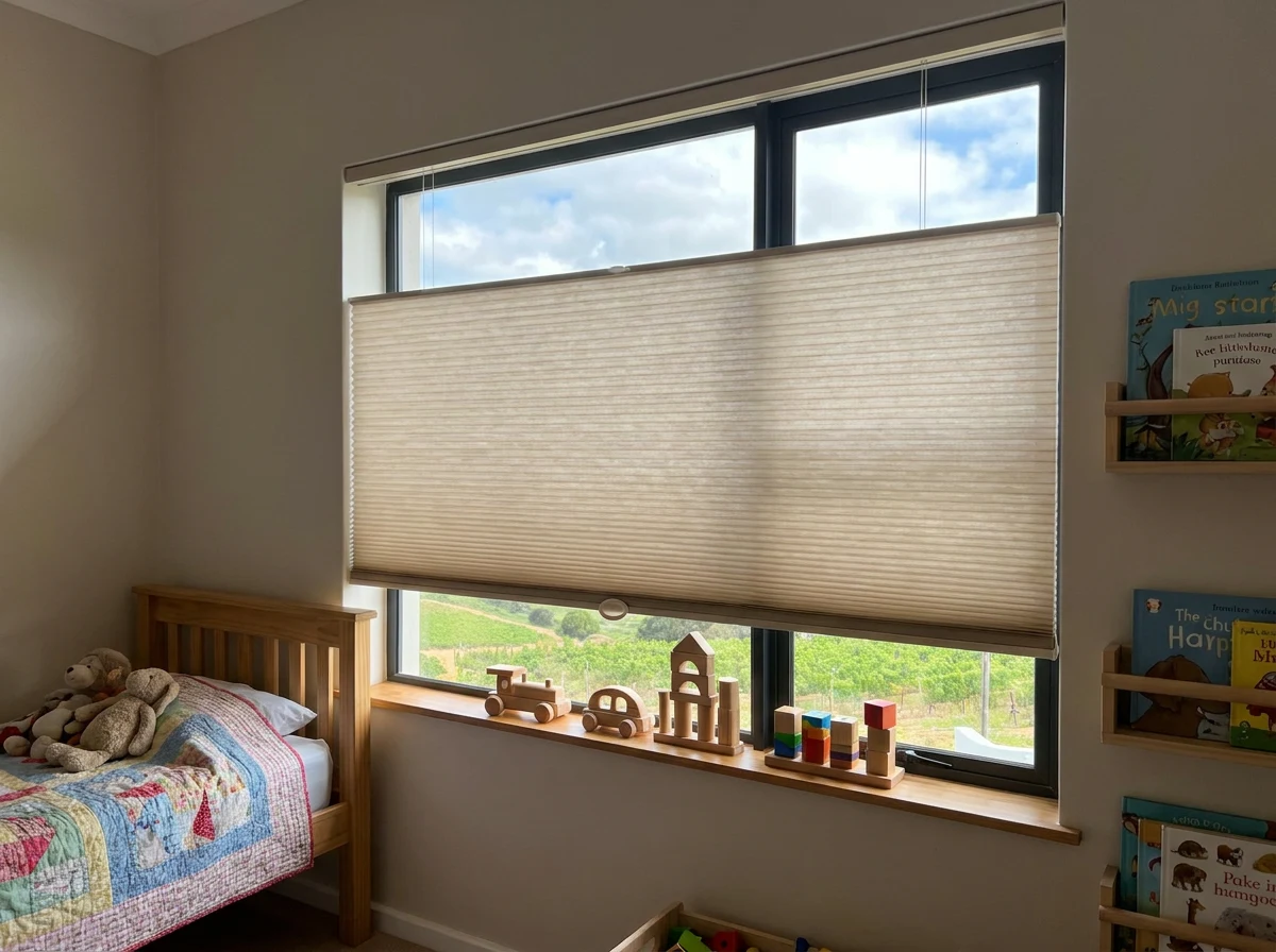 Child's bedroom in a Paarl family home with a honeycomb cellular blind covering the middle of a wide window, daylight left open above and vineyard slopes visible in the strip below, wooden toys lined up on the sill