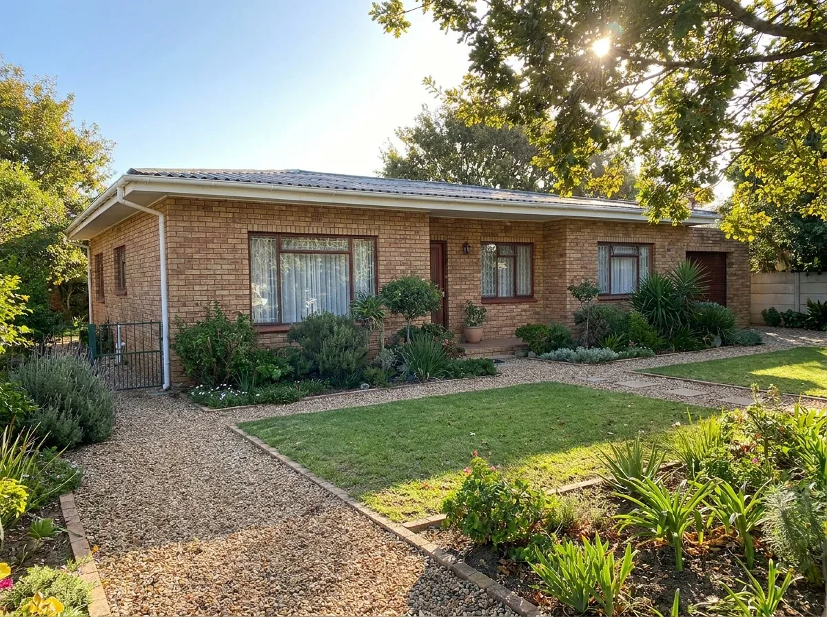 Established face-brick family home in Denneburg, Paarl behind a gravel drive and a neat front garden, mature trees shading the street edge