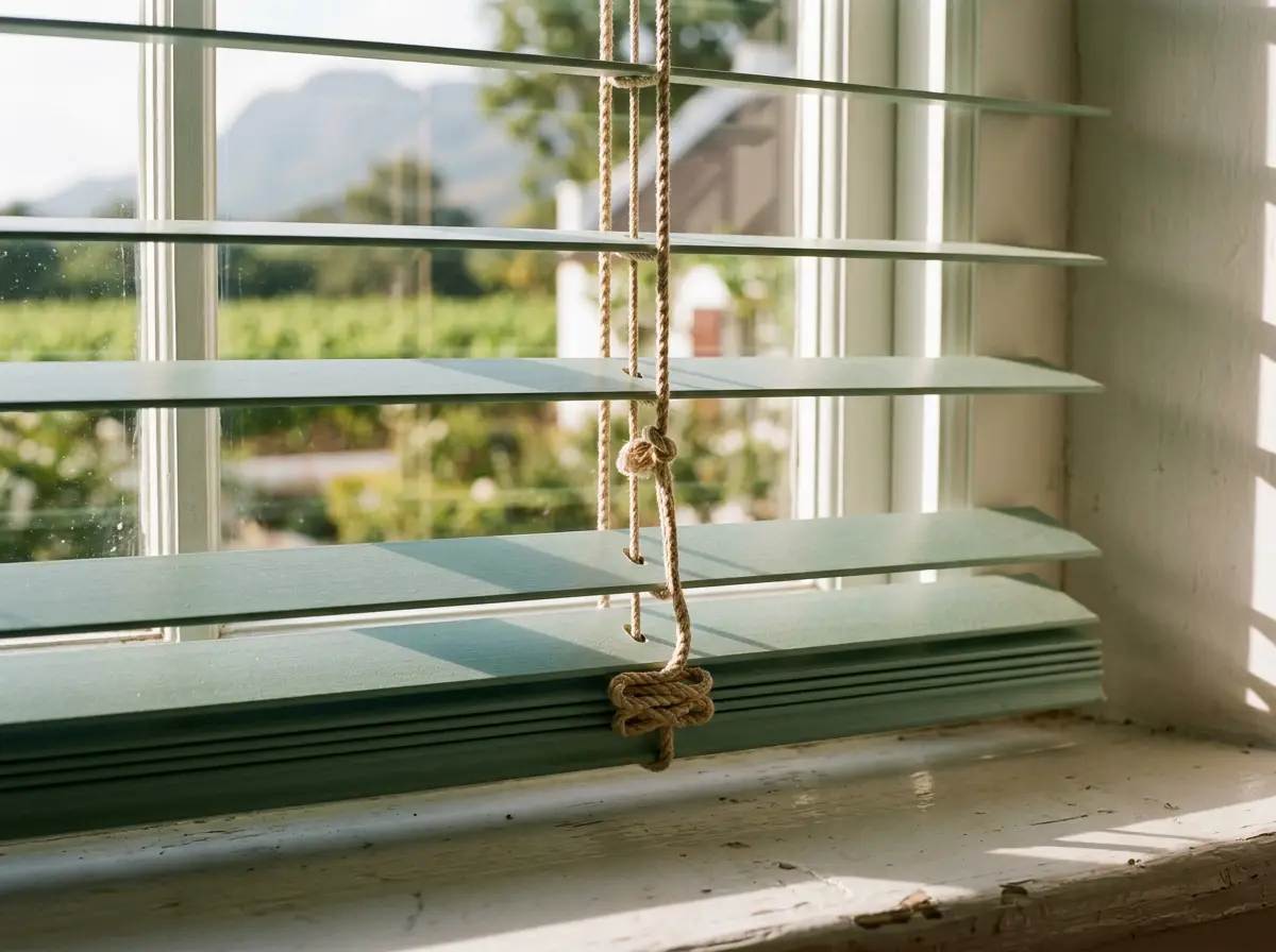 Close-up of sea-glass green wooden venetian blind slats and pull cord against a Paarl vineyard window view