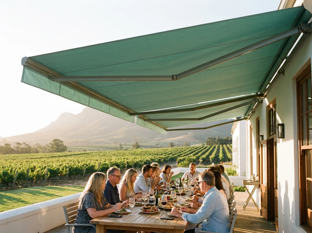 Wide fold-arm awning in sea-glass green fully extended over an outdoor dining patio at a Paarl wine-estate home with vineyard and mountain view