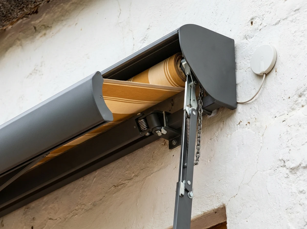 Close-up of a folding-arm awning cassette and its articulated arm bolted to a whitewashed Paarl farmhouse wall, with a small wall-mounted sensor unit alongside