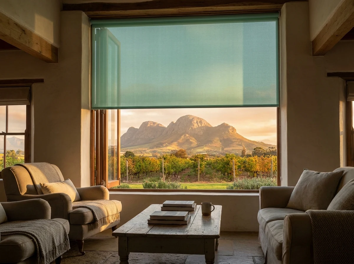 Interior view from a Paarl farmhouse living room of Paarl Mountain's granite domes through a tall window, a sea-glass green sunscreen roller blind lowered halfway to cut the afternoon glare