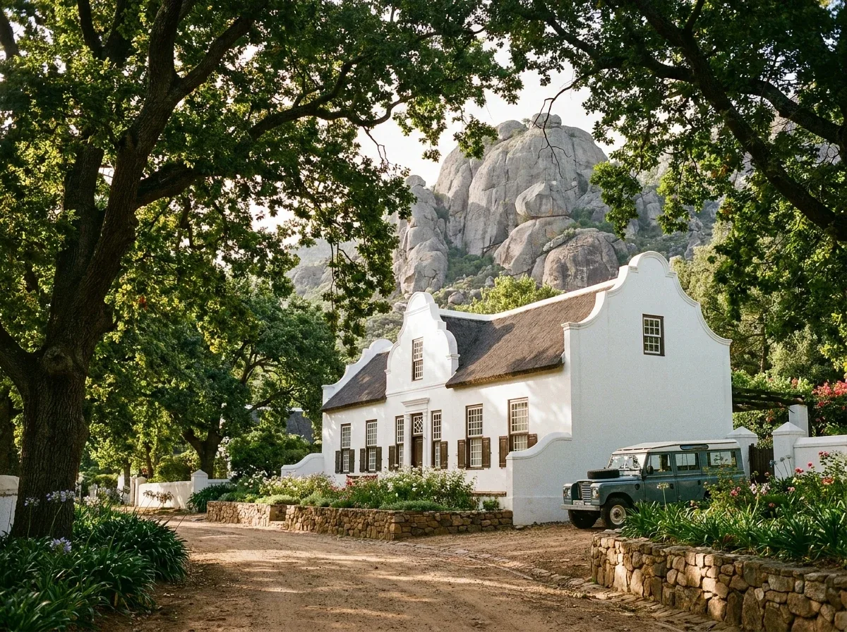 Gabled, thatched white Cape Dutch homestead on a gravel drive beneath old oaks in Noorder-Paarl, with the grey granite dome of Paarl Mountain rising directly behind the roofline
