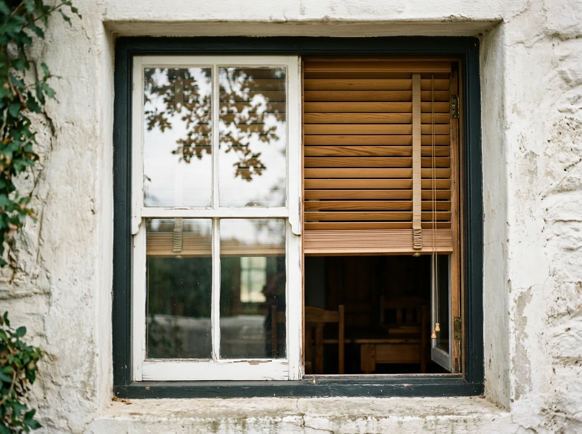 Small-paned white sash window set deep in a rough lime-washed Paarl wall, one half open to show a warm timber-slat blind hanging inside the reveal with a dining table visible behind it