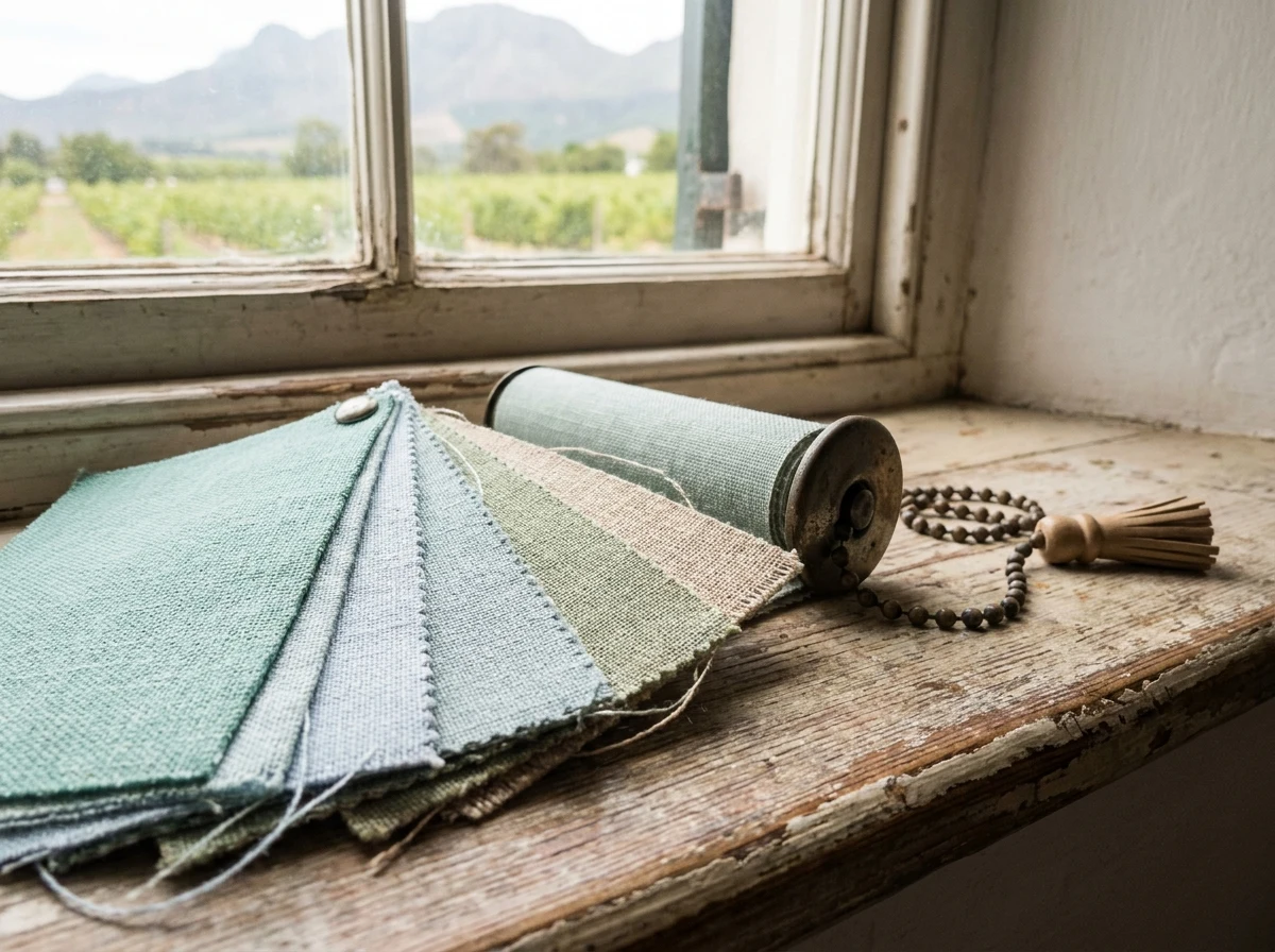 Sunscreen and blockout roller blind swatches in sea-glass green and rope-beige laid on a Paarl farmhouse windowsill above the vineyards