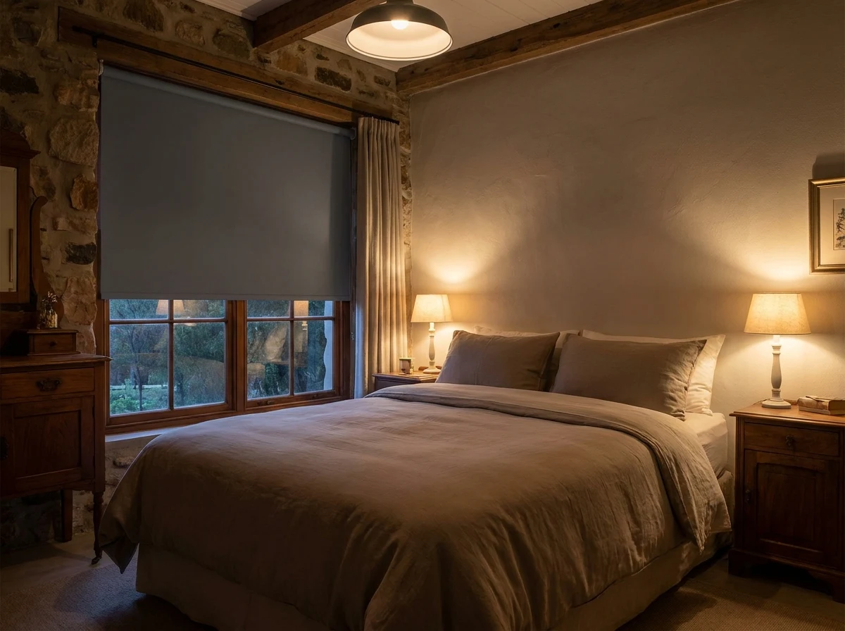 Blockout roller blind lowered two-thirds down a tall bedroom window in a Paarl farmhouse at dusk, the vineyard slope still visible below the hem