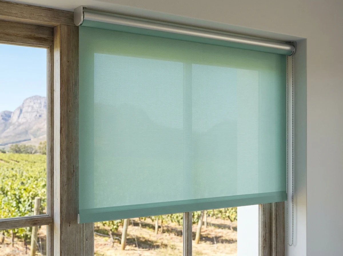 Sea-glass sunscreen roller blind in its cassette above a weathered timber window frame in Paarl, chain to one side and vine rows beyond the glass