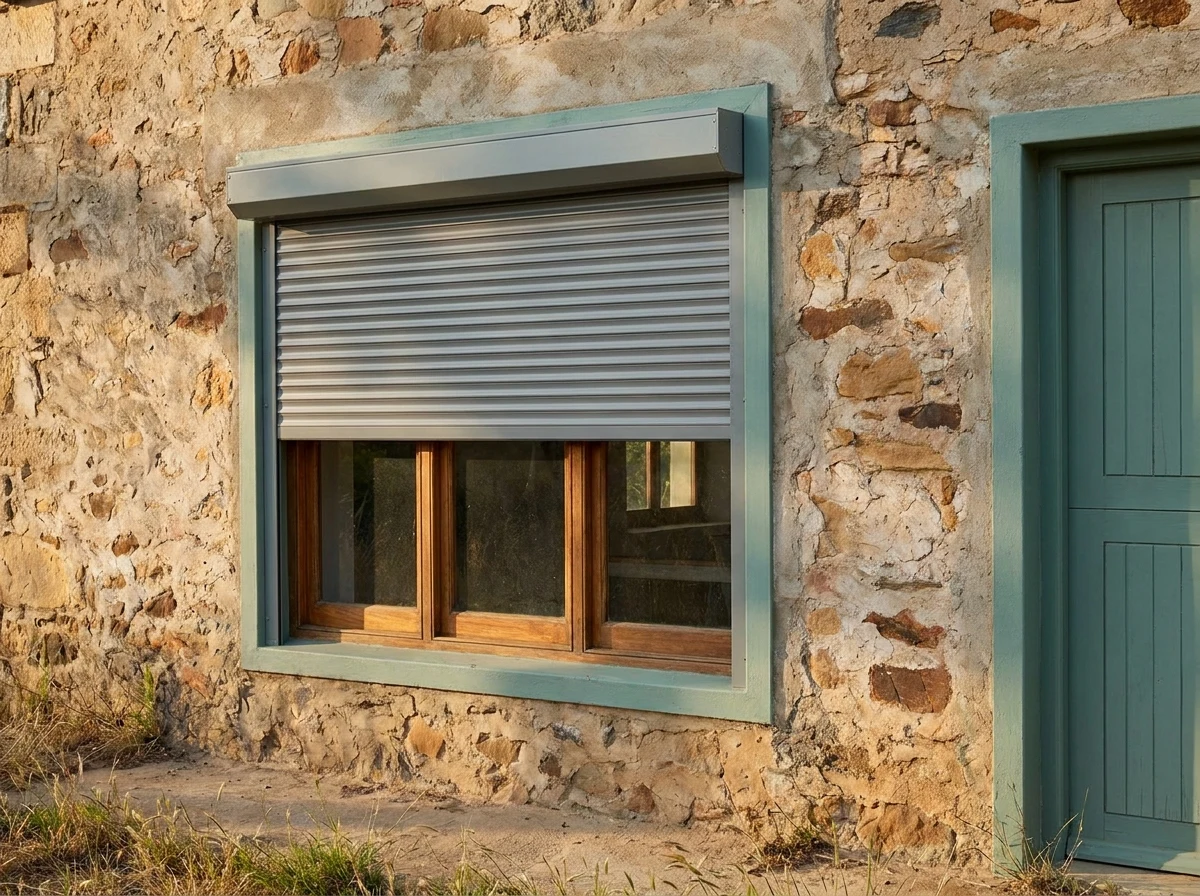 Aluminium roller shutter lowered halfway over a timber window set in the stone wall of a Paarl farm building, taking the sun before it reaches the glass