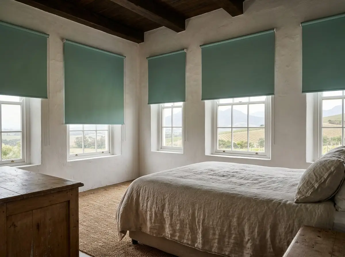 Paarl farmhouse bedroom with flat sea-glass green roller blinds lowered on multiple windows overlooking vineyard hills