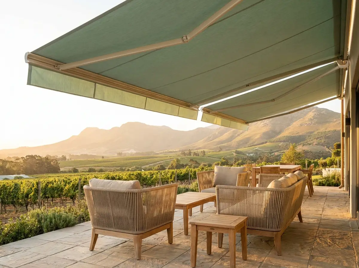 Green fold-arm awning shading a Paarl vineyard-view patio with woven outdoor furniture at sunset