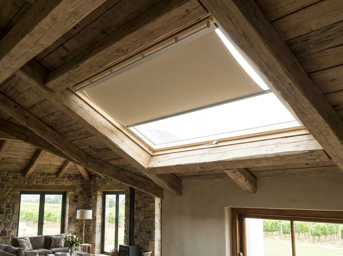 Skylight blind running on side channels under a roof window in a beamed Paarl farmhouse ceiling, drawn most of the way across the glass