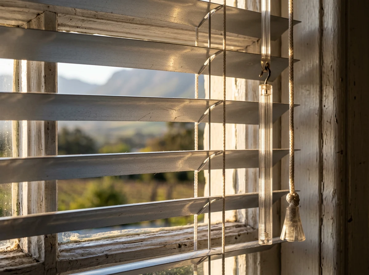 Close-up of aluminium venetian blind slats tilted open with tilt wand and lift cord against a Paarl window frame