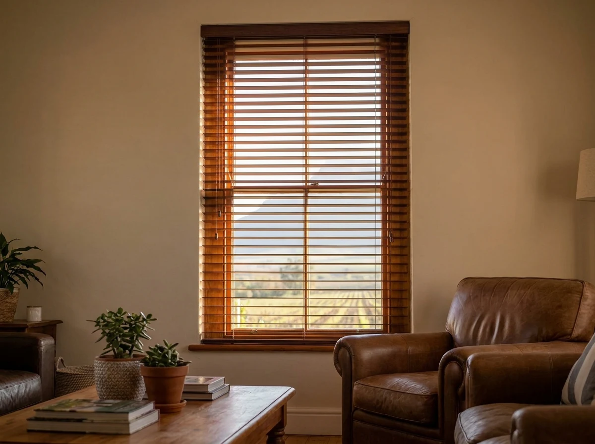 Warm timber venetian blind fully lowered with slats tilted half-open across a tall sash window in a sunlit Paarl living room