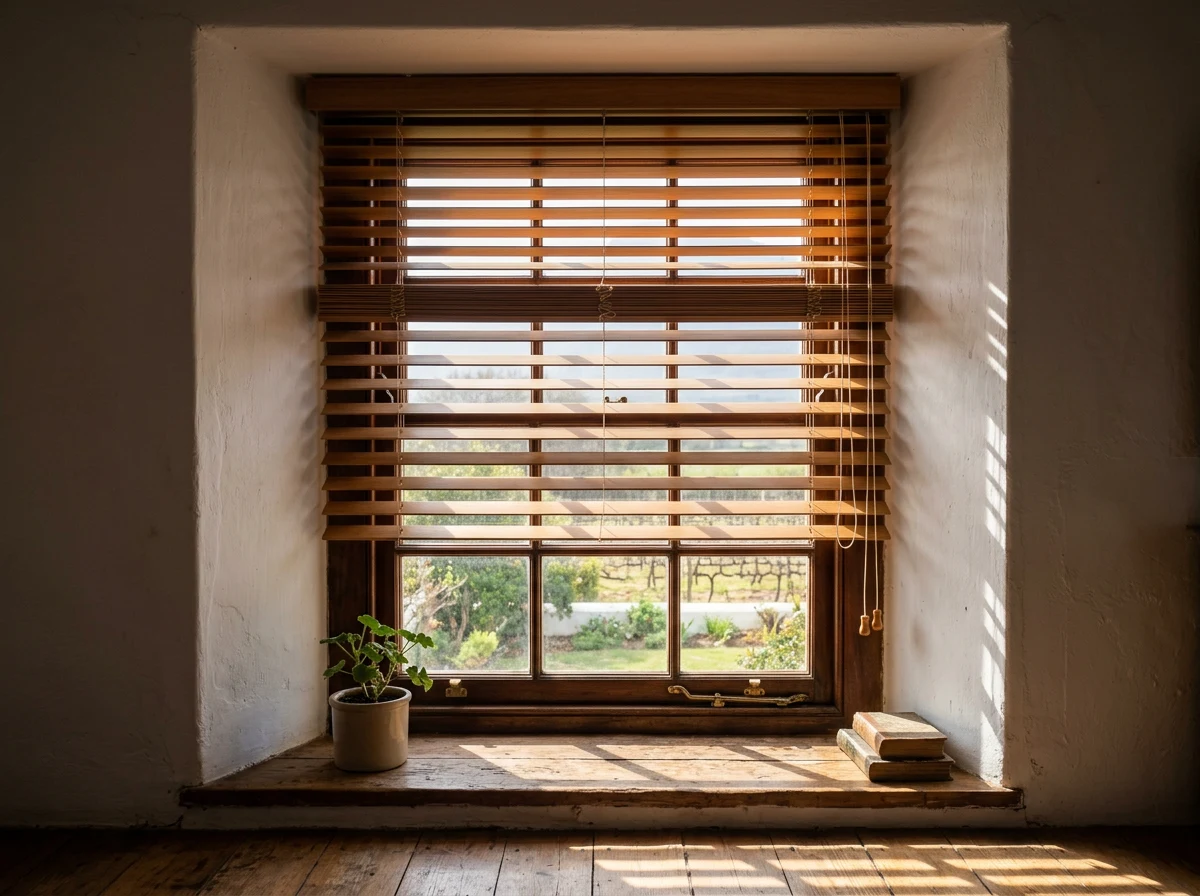 Timber venetian blind hanging in a deep whitewashed reveal in an older Paarl home, slats tilted against the afternoon with the garden below