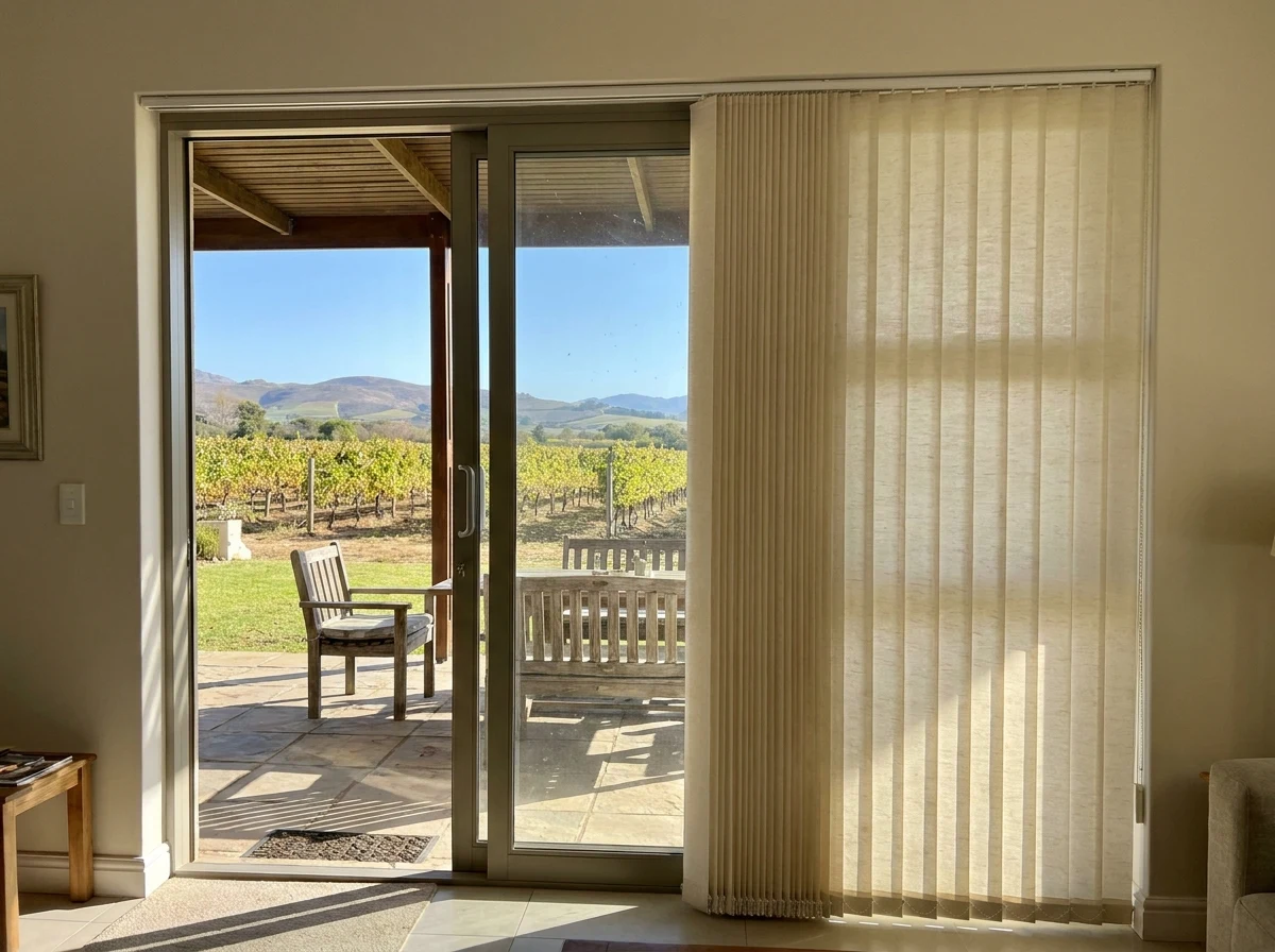 Vertical blinds drawn halfway across a sliding door in a Paarl home, the other half open onto the patio and the vine rows behind it