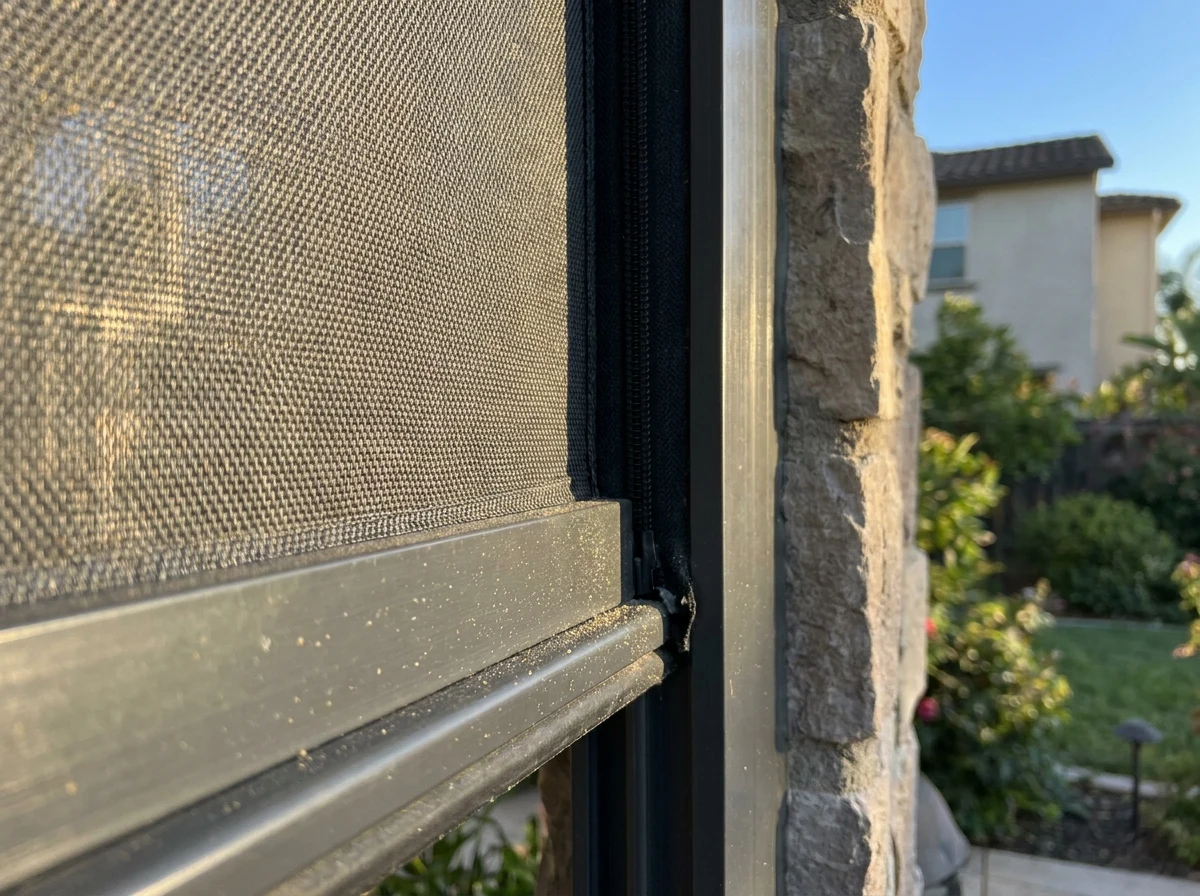 Close-up of a zip screen's side zip channel and mesh fabric edge on an aluminium track at a Paarl home