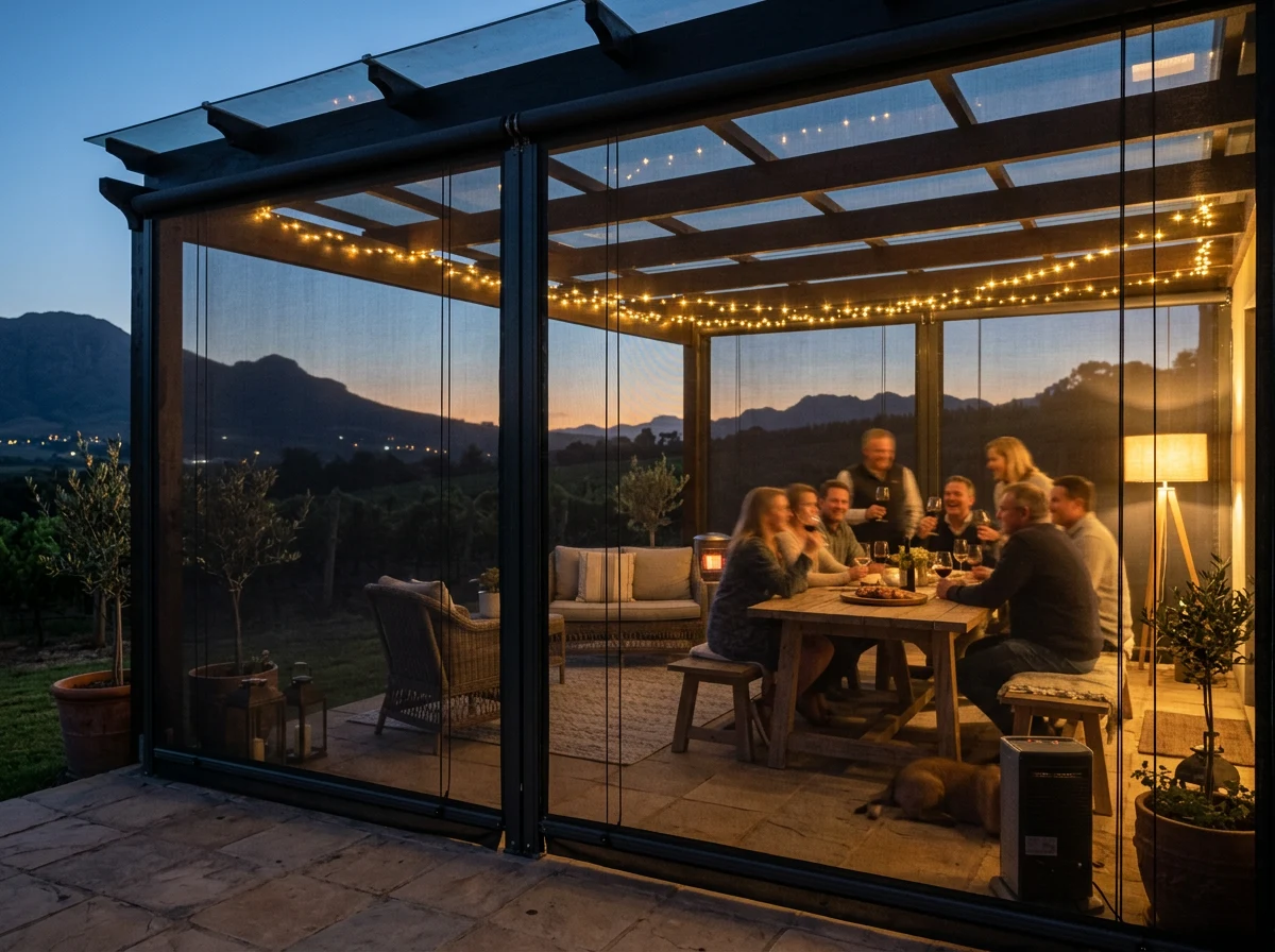 Paarl patio room enclosed on two sides by clear zip-tracked screens at dusk, a long table of people under warm string lights inside, vineyard rows and dark mountain ridges beyond the screens