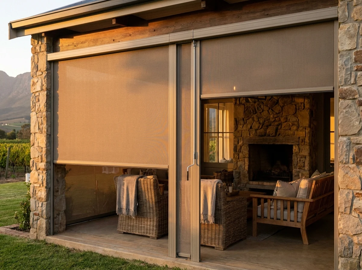 Zip screens run down their side tracks across the open side of a Paarl patio room at dusk, the fireplace and seating still visible inside